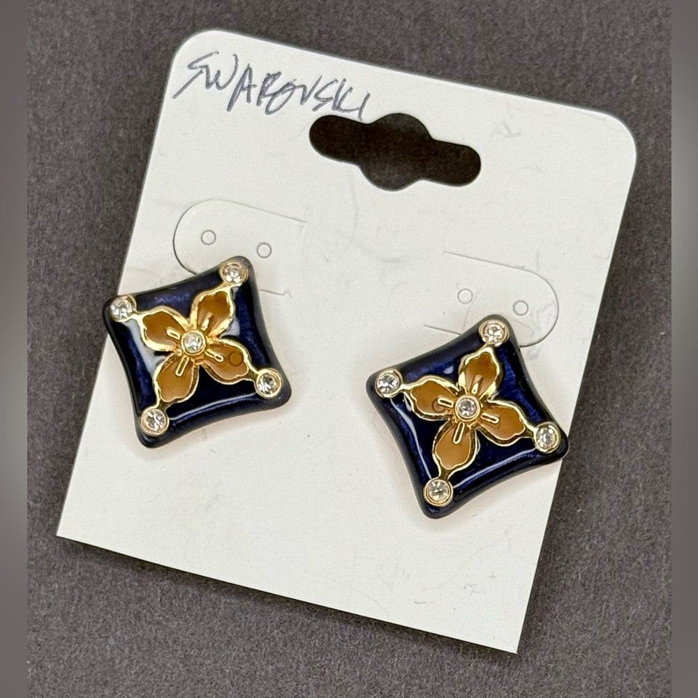 Vintage Swarovski Swan Logo Navy Enamel Gold Floral Crystal Clip-On Earrings - Picture 3 of 7